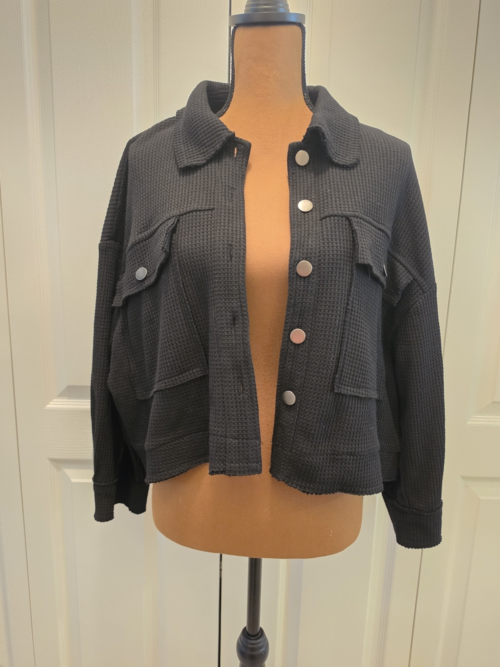 POL Black Waffle Knit Crop Jacket Textured Streetwear Indie Sleaze Festival M